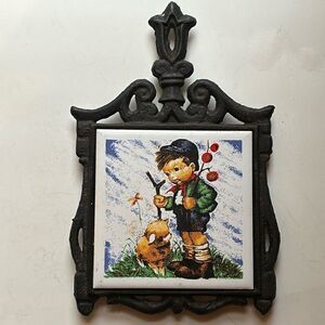 Vintage Decor Seven Star Tile Cast Iron Trivet with Little Boy and Sheep